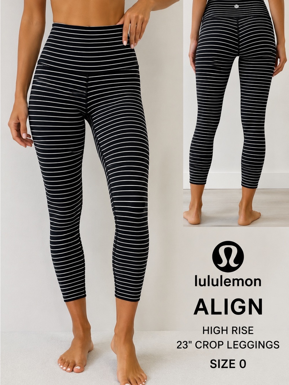 Lululemon Align High Rise 23” Crop Leggings Black White Stripe Size 0